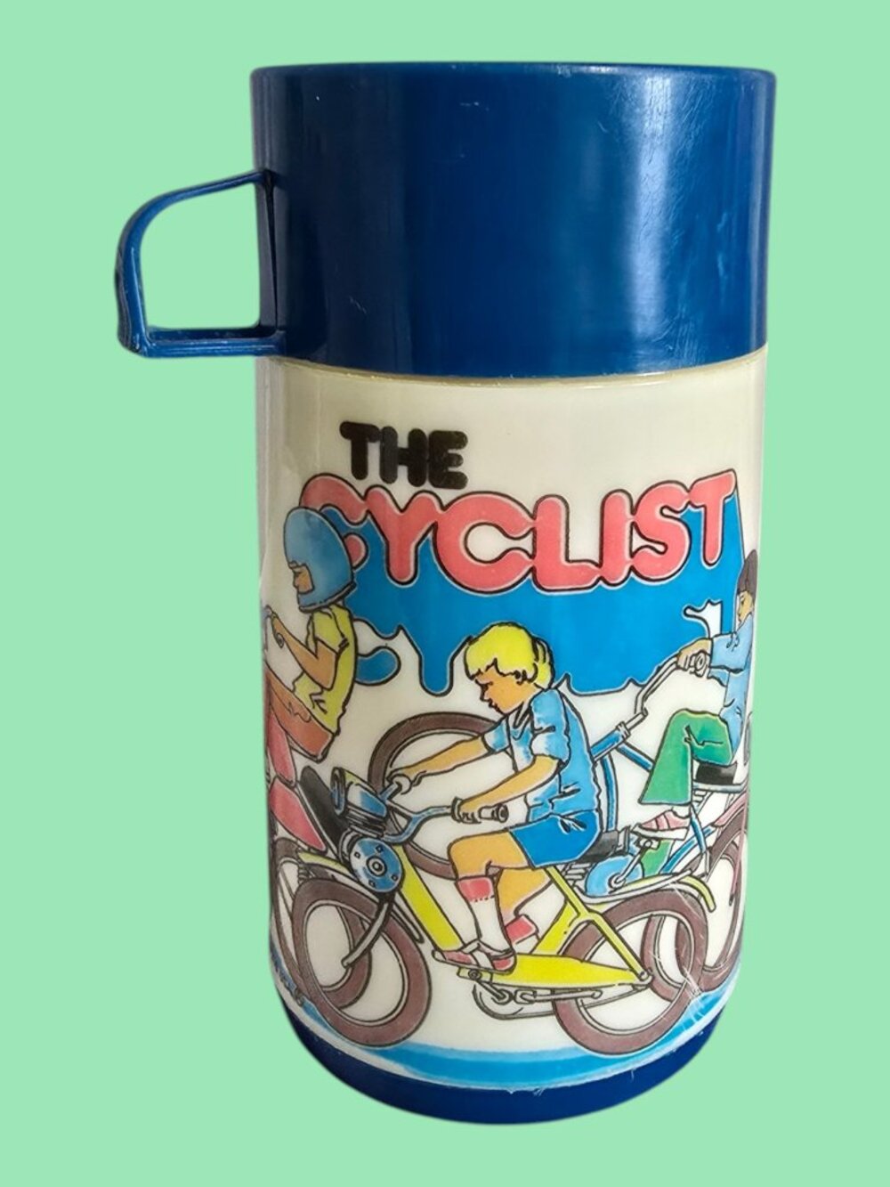 Vintage The Cyclist 8 oz Hot / Cold Thermos Aladdin Industries Blue